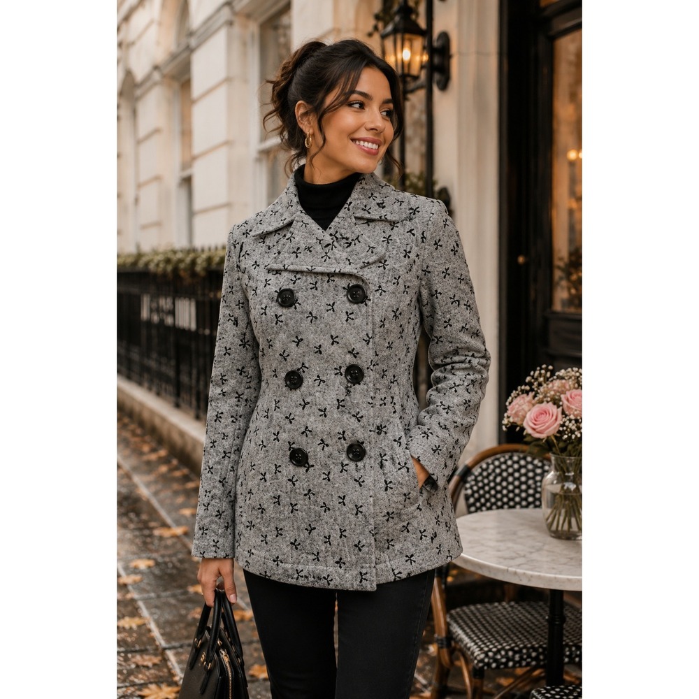 Moon Collection Wool Blend Peacoat Gray Black Bow Print Double Breasted M